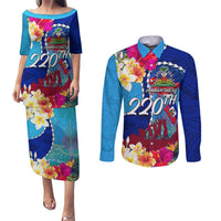 Personalised Haiti 220th Anniversary Independence Day Couples Matching Puletasi Dress and Long Sleeve Button Shirt Ayiti Flower with Polynesian Pattern LT03 Blue - Polynesian Pride
