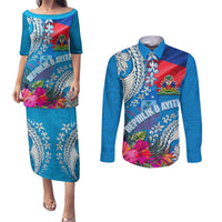 Personalised Haiti Coat Of Arms Couples Matching Puletasi Dress and Long Sleeve Button Shirt Repiblik d Ayiti Tropical Flower Blue Polynesian Pattern LT03 Blue - Polynesian Pride