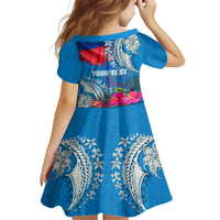Personalised Haiti Coat Of Arms Family Matching Off Shoulder Short Dress and Hawaiian Shirt Repiblik d Ayiti Tropical Flower Blue Polynesian Pattern LT03 - Polynesian Pride