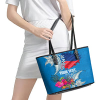 Personalised Haiti Coat Of Arms Leather Tote Bag Repiblik d Ayiti Tropical Flower Blue Polynesian Pattern LT03 - Polynesian Pride