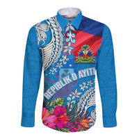 Personalised Haiti Coat Of Arms Long Sleeve Button Shirt Repiblik d Ayiti Tropical Flower Blue Polynesian Pattern LT03 Unisex Blue - Polynesian Pride