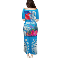 Personalised Haiti Coat Of Arms Puletasi Repiblik d Ayiti Tropical Flower Blue Polynesian Pattern LT03 - Polynesian Pride