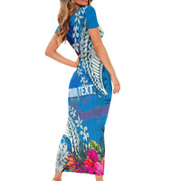 Personalised Haiti Coat Of Arms Short Sleeve Bodycon Dress Repiblik d Ayiti Tropical Flower Blue Polynesian Pattern LT03 - Polynesian Pride