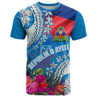 Personalised Haiti Coat Of Arms T Shirt Repiblik d Ayiti Tropical Flower Blue Polynesian Pattern LT03 Blue - Polynesian Pride