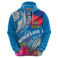 Personalised Haiti Coat Of Arms Zip Hoodie Repiblik d Ayiti Tropical Flower Blue Polynesian Pattern LT03 - Polynesian Pride