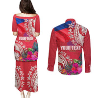 Personalised Haiti Coat Of Arms Couples Matching Puletasi Dress and Long Sleeve Button Shirt Repiblik d Ayiti Tropical Flower Red Polynesian Pattern LT03 - Polynesian Pride