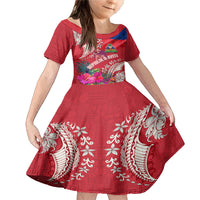 Personalised Haiti Coat Of Arms Family Matching Mermaid Dress and Hawaiian Shirt Repiblik d Ayiti Tropical Flower Red Polynesian Pattern LT03 Daughter's Dress Red - Polynesian Pride