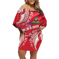 Personalised Haiti Coat Of Arms Family Matching Off Shoulder Short Dress and Hawaiian Shirt Repiblik d Ayiti Tropical Flower Red Polynesian Pattern LT03 Mom's Dress Red - Polynesian Pride