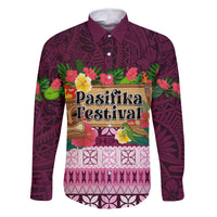 Pasifika Festival Auckland Family Matching Off Shoulder Short Dress and Hawaiian Shirt Polynesian Tribal with Pacific Pattern Pink Color LT03 Dad's Shirt - Long Sleeve Pink - Polynesian Pride