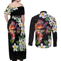 Hawaiian Lei Day Couples Matching Off Shoulder Maxi Dress and Long Sleeve Button Shirt Plumeria and Turtle with Polynesian Tribal Pattern LT03 - Polynesian Pride