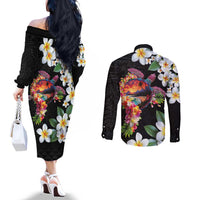 Hawaiian Lei Day Couples Matching Off The Shoulder Long Sleeve Dress and Long Sleeve Button Shirt Plumeria and Turtle with Polynesian Tribal Pattern LT03 - Polynesian Pride