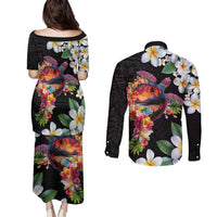 Hawaiian Lei Day Couples Matching Puletasi and Long Sleeve Button Shirt Plumeria and Turtle with Polynesian Tribal Pattern LT03 - Polynesian Pride