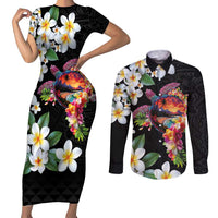 Hawaiian Lei Day Couples Matching Short Sleeve Bodycon Dress and Long Sleeve Button Shirt Plumeria and Turtle with Polynesian Tribal Pattern LT03 Black - Polynesian Pride
