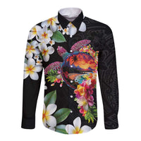 Hawaiian Lei Day Long Sleeve Button Shirt Plumeria and Turtle with Polynesian Tribal Pattern LT03 Unisex Black - Polynesian Pride