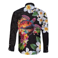 Hawaiian Lei Day Long Sleeve Button Shirt Plumeria and Turtle with Polynesian Tribal Pattern LT03 - Polynesian Pride
