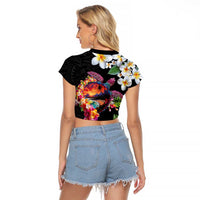 Hawaiian Lei Day Raglan Cropped T Shirt Plumeria and Turtle with Polynesian Tribal Pattern LT03 - Polynesian Pride