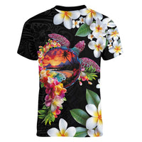 Hawaiian Lei Day Women V-Neck T-Shirt Plumeria and Turtle with Polynesian Tribal Pattern LT03 - Polynesian Pride