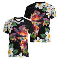 Hawaiian Lei Day Women V-Neck T-Shirt Plumeria and Turtle with Polynesian Tribal Pattern LT03 - Polynesian Pride