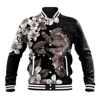 Hawaiian Lei Day Baseball Jacket Plumeria and Turtle with Polynesian Tribal Pattern Grayscale Color LT03 Unisex Black - Polynesian Pride