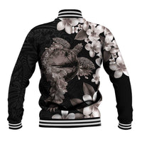 Hawaiian Lei Day Baseball Jacket Plumeria and Turtle with Polynesian Tribal Pattern Grayscale Color LT03 - Polynesian Pride