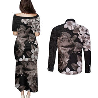 Hawaiian Lei Day Couples Matching Puletasi and Long Sleeve Button Shirt Plumeria and Turtle with Polynesian Tribal Pattern Grayscale Color LT03 - Polynesian Pride