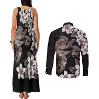 Hawaiian Lei Day Couples Matching Tank Maxi Dress and Long Sleeve Button Shirt Plumeria and Turtle with Polynesian Tribal Pattern Grayscale Color LT03 - Polynesian Pride