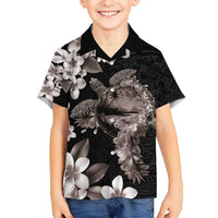 Hawaiian Lei Day Kid Hawaiian Shirt Plumeria and Turtle with Polynesian Tribal Pattern Grayscale Color
