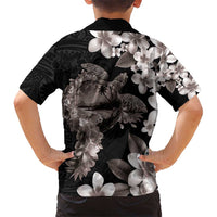 Hawaiian Lei Day Kid Hawaiian Shirt Plumeria and Turtle with Polynesian Tribal Pattern Grayscale Color
