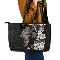 Hawaiian Lei Day Leather Tote Bag Plumeria and Turtle with Polynesian Tribal Pattern Grayscale Color