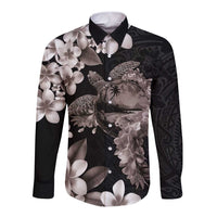 Hawaiian Lei Day Long Sleeve Button Shirt Plumeria and Turtle with Polynesian Tribal Pattern Grayscale Color LT03 Unisex Black - Polynesian Pride