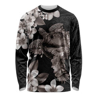 Hawaiian Lei Day Long Sleeve Shirt Plumeria and Turtle with Polynesian Tribal Pattern Grayscale Color LT03 Unisex Black - Polynesian Pride