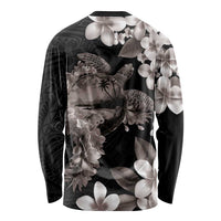 Hawaiian Lei Day Long Sleeve Shirt Plumeria and Turtle with Polynesian Tribal Pattern Grayscale Color LT03 - Polynesian Pride