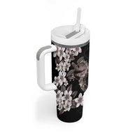 Hawaiian Lei Day Tumbler With Handle Plumeria and Turtle with Polynesian Tribal Pattern Grayscale Color