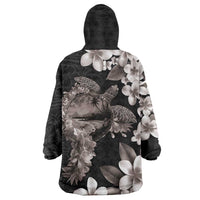 Hawaiian Lei Day Wearable Blanket Hoodie Plumeria and Turtle with Polynesian Tribal Pattern Grayscale Color LT03 - Polynesian Pride