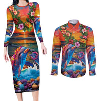 Hawaiian Lei Day Couples Matching Long Sleeve Bodycon Dress and Long Sleeve Button Shirt Dolphins with Colorful Corals and Romantic Sunset LT03 Orange - Polynesian Pride