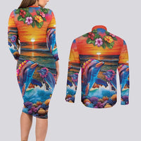 Hawaiian Lei Day Couples Matching Long Sleeve Bodycon Dress and Long Sleeve Button Shirt Dolphins with Colorful Corals and Romantic Sunset LT03 - Polynesian Pride