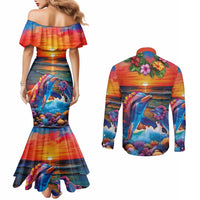 Hawaiian Lei Day Couples Matching Mermaid Dress and Long Sleeve Button Shirt Dolphins with Colorful Corals and Romantic Sunset LT03 - Polynesian Pride