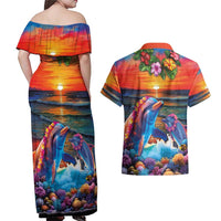 Hawaiian Lei Day Couples Matching Off Shoulder Maxi Dress and Hawaiian Shirt Dolphins with Colorful Corals and Romantic Sunset LT03 - Polynesian Pride