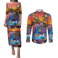 Hawaiian Lei Day Couples Matching Puletasi and Long Sleeve Button Shirt Dolphins with Colorful Corals and Romantic Sunset LT03 Orange - Polynesian Pride