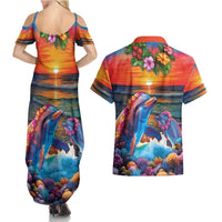 Hawaiian Lei Day Couples Matching Summer Maxi Dress and Hawaiian Shirt Dolphins with Colorful Corals and Romantic Sunset LT03 - Polynesian Pride