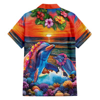 Hawaiian Lei Day Family Matching Off Shoulder Maxi Dress and Hawaiian Shirt Dolphins with Colorful Corals and Romantic Sunset