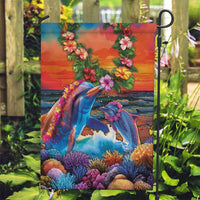 Hawaiian Lei Day Garden Flag Dolphins with Colorful Corals and Romantic Sunset LT03 Garden Flag Orange - Polynesian Pride