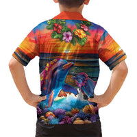 Hawaiian Lei Day Kid Hawaiian Shirt Dolphins with Colorful Corals and Romantic Sunset