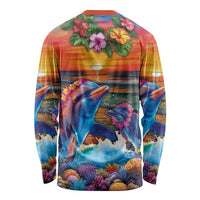 Hawaiian Lei Day Long Sleeve Shirt Dolphins with Colorful Corals and Romantic Sunset LT03 - Polynesian Pride