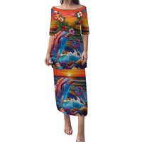Hawaiian Lei Day Puletasi Dolphins with Colorful Corals and Romantic Sunset LT03 Long Dress Orange - Polynesian Pride