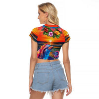 Hawaiian Lei Day Raglan Cropped T Shirt Dolphins with Colorful Corals and Romantic Sunset LT03 - Polynesian Pride