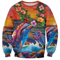 Hawaiian Lei Day Sweatshirt Dolphins with Colorful Corals and Romantic Sunset LT03 Unisex Orange - Polynesian Pride