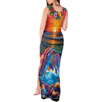 Hawaiian Lei Day Tank Maxi Dress Dolphins with Colorful Corals and Romantic Sunset LT03 - Polynesian Pride