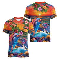 Hawaiian Lei Day Women V-Neck T-Shirt Dolphins with Colorful Corals and Romantic Sunset LT03 - Polynesian Pride