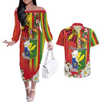 Personalised Hawaii and Philippines Together Couples Matching Off The Shoulder Long Sleeve Dress and Hawaiian Shirt The Emblems with Cultural Symbols Green-Yellow-Red Tricolor